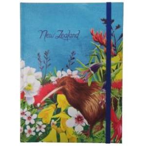 Notebook with Kiwi Bird and NZ Flowers Blue